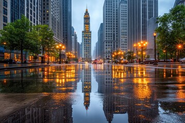 Obraz premium Rainy city street scene, reflecting skyscraper & lights
