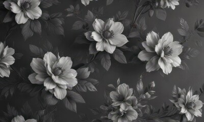 Subtle charcoal floral wallpaper, delicate blooms & leaves, textile, surface