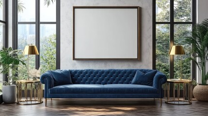Elegant Living Room with Large Blank Wall Frame Mockup, Blue Velvet Sofa, and Brass Accents