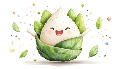 Cute Zongzi wrapped in green leaves, cheerfully leaping with animated arms, surrounded by doodle-style confetti and sparkles, plain white backdrop. Light watercolor shading and soft color highlights.