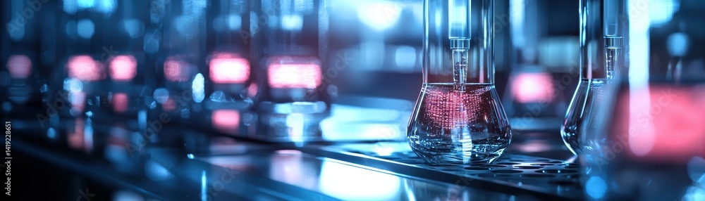 Poster collaborative science innovation,a close-up view of laboratory glassware illuminated with colorful l