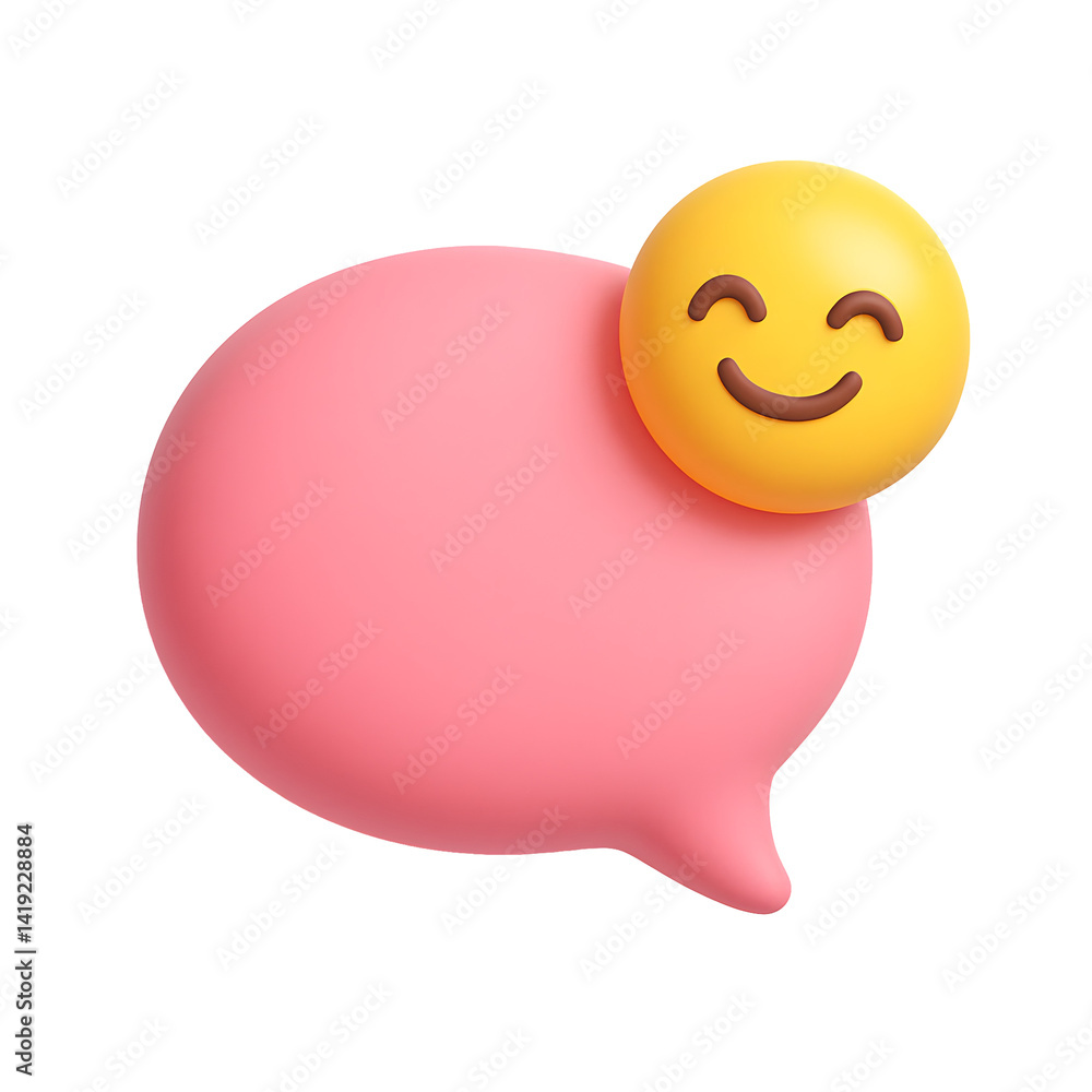 Poster 3d chat bubble with smiling emoji face icon representing friendly messages, communication, or online