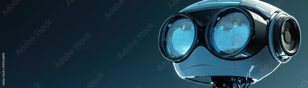 Poster task-specific virtual learning bot,a futuristic robot with large expressive eyes and a sleek design,