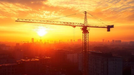 Construction crane at sunrise over city skyline