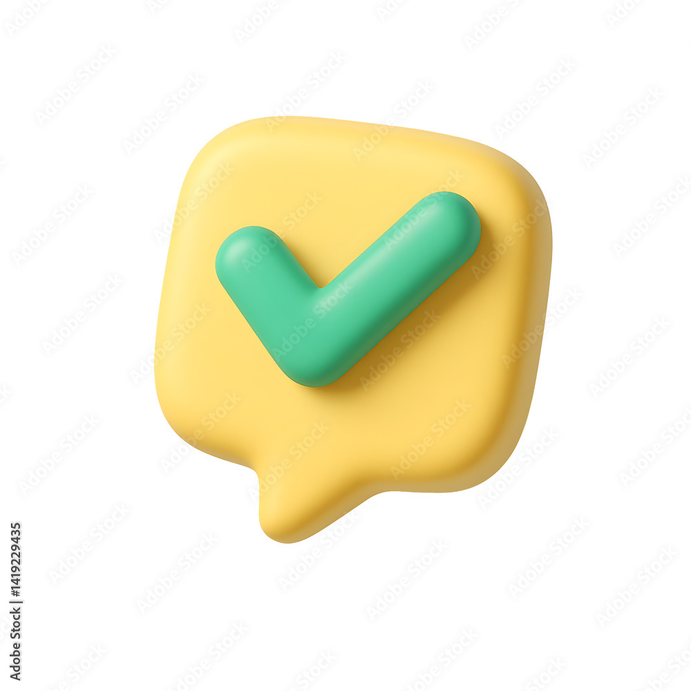 Poster 3d speech bubble with check mark icon used for confirmations, chat approvals, or accepted actions in