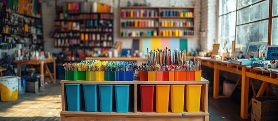 Fototapeta premium Colorful art supplies in a workshop