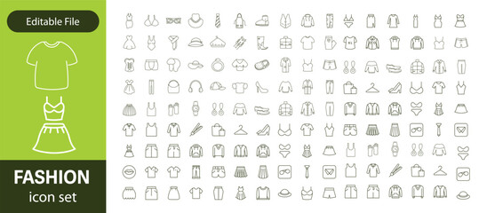 Set of line icons related to fashion, sewing, and clothing. Outline icon collection. clothes and cloth elements - minimal thin line web icon set. Outline editable icons collection. Dress,polo t-shirt