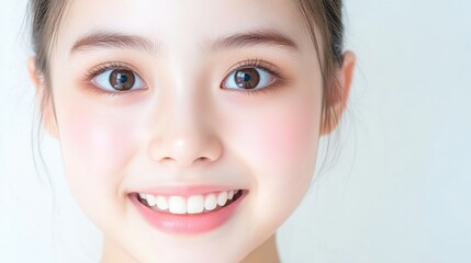 Obraz premium Close-up portrait of a young woman with a radiant smile and light makeup
