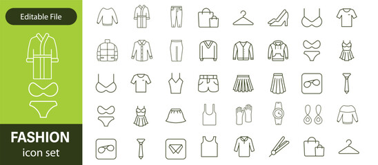 Set of line icons related to fashion, sewing, and clothing. Outline icon collection. clothes and cloth elements - minimal thin line web icon set. Outline editable icons collection. Dress,polo t-shirt