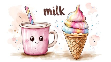 Milk tea cup with large straw and cute eyes next to ice cream cone with rainbow scoop, both smiling, “milk” text above with surrounding doodle sparkles, on a clean white background.