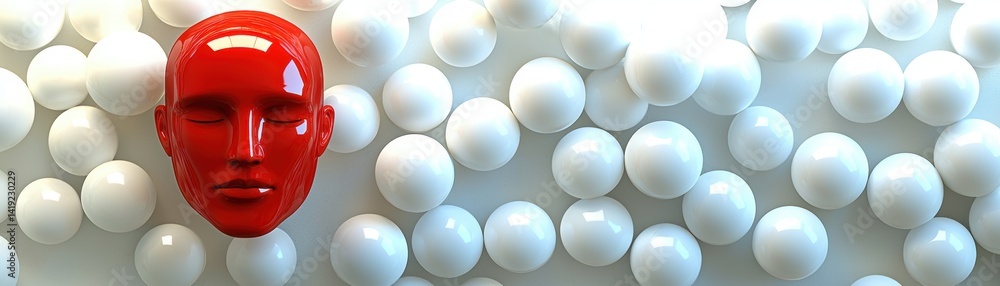Poster enhancing learning with adaptive tech,a striking red mask is centered among a sea of white spheres, 
