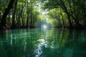Obraz premium River Flowing Through Dense Mangrove Forest with Sunlight Filtering Through Canopy
