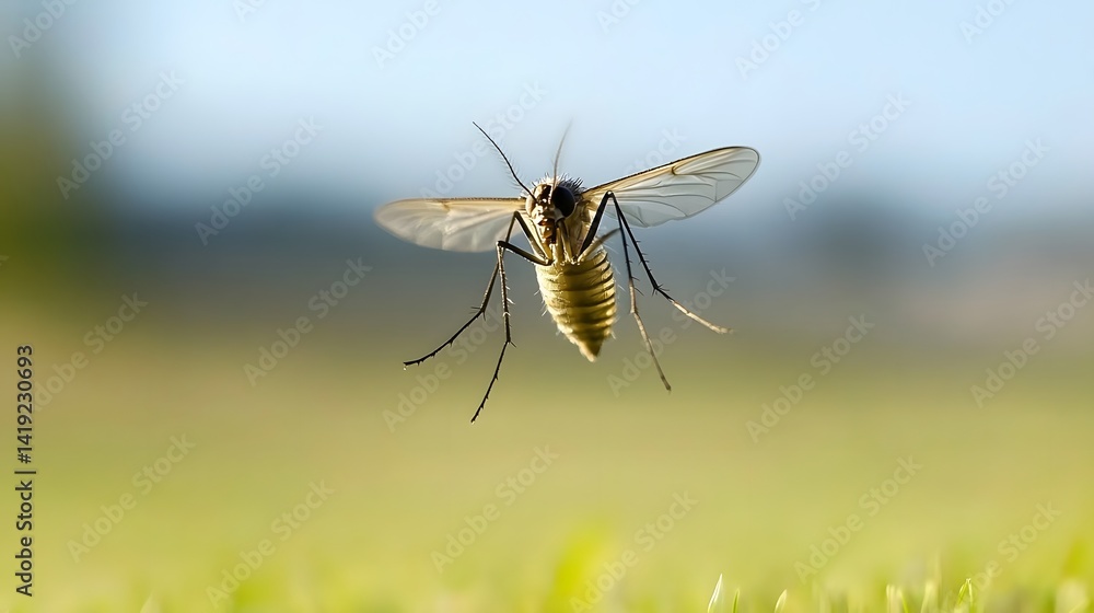 Poster slow motion photography of a mosquito hovering in mid air with its wings flapping rapidly and creati