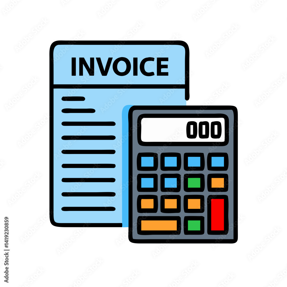 Poster bill with calculator icon representing invoice calculation and financial management