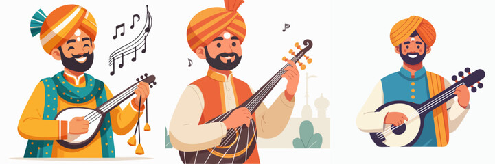 Vector collection of a happy smiling Indian Man wearing turban and ethnic national costume is playing veena music