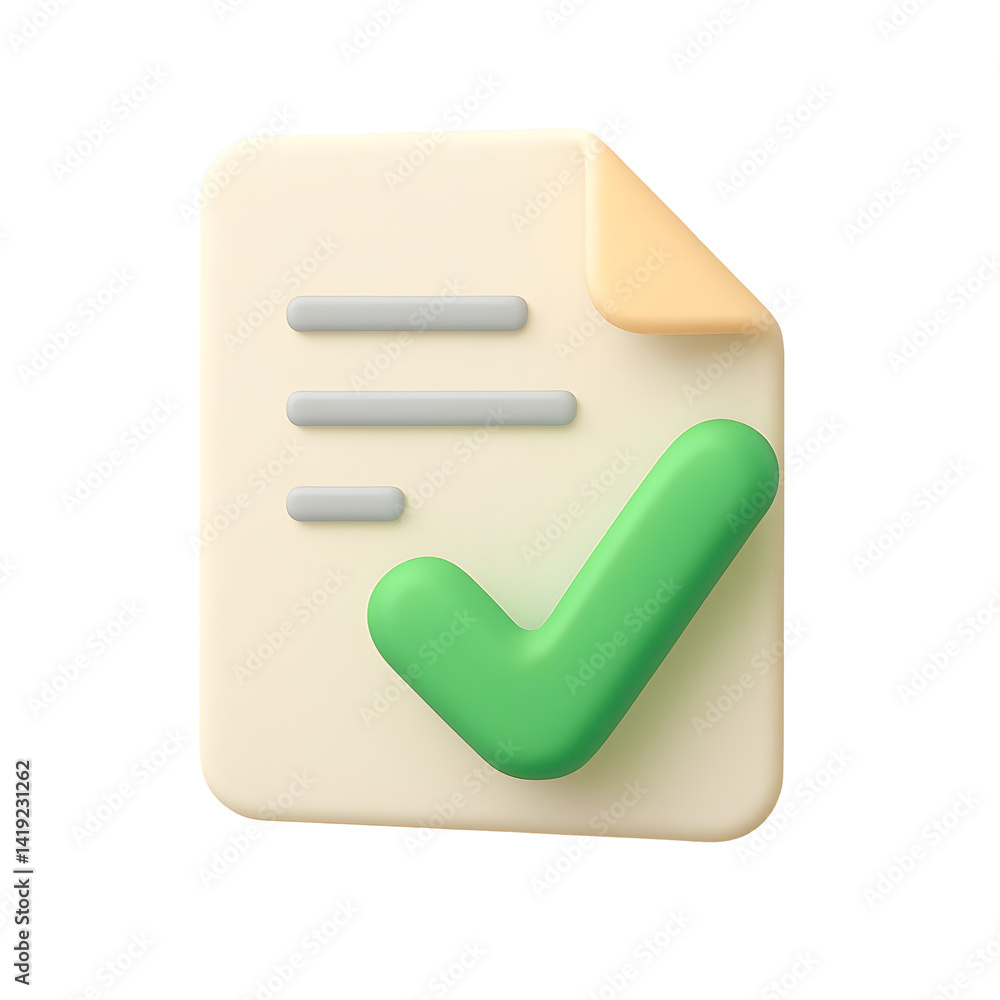 Poster 3d paper document icon with check mark symbolizing approved content, validation, digital forms, or c