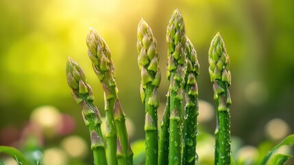 Freshly harvested asparagus spears in the garden illuminated by golden sunlight