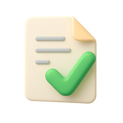 3D paper document icon with check mark symbolizing approved content, validation, digital forms, or completed tasks with PNG transparency background.
