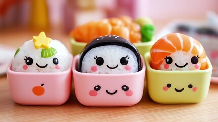 Cute sushi pieces arranged in individual containers.