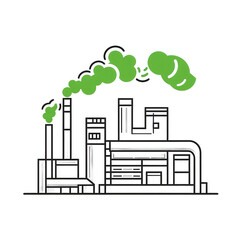 Illustration of an industrial facility with green smoke emissions, highlighting eco-friendly practices amidst a bustling urban background , isolated on white or transparent png