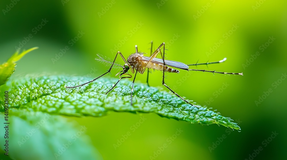 Poster top down close up view of a mosquito resting on a green leaf showcasing the insect s delicate and in