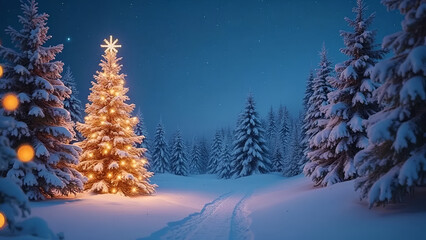 Christmas Tree with Snow &ndash; Festive Winter Holiday Scene in Snowy Landscape
