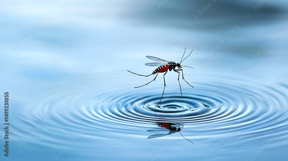 Poster a close up image of a mosquito elegantly and delicately landing on the still calm surface of water c
