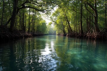 Obraz premium Navigating Through Lush Mangrove Forest with Clear Water and Sunlight