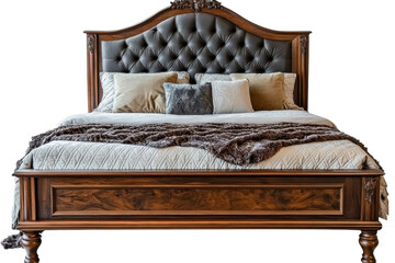 Luxurious handcrafted walnut bed tufted leather headboard plush bedding dark background on transparent background