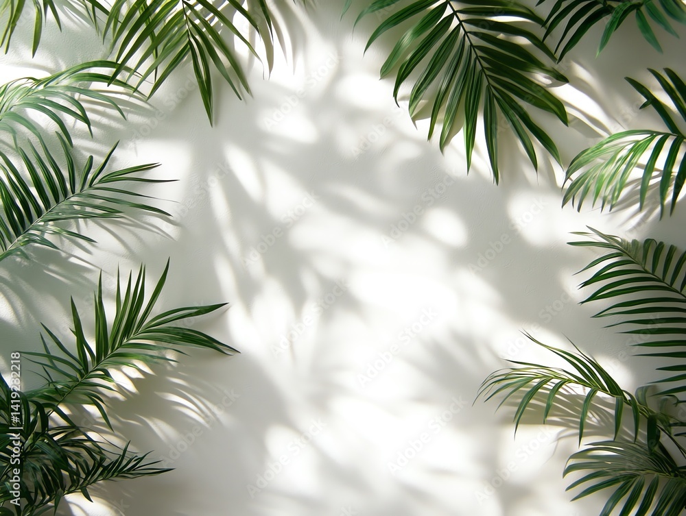 Poster green palm leaves cast shadows on a white wall creating a tropical summer mood perfect for adding a 