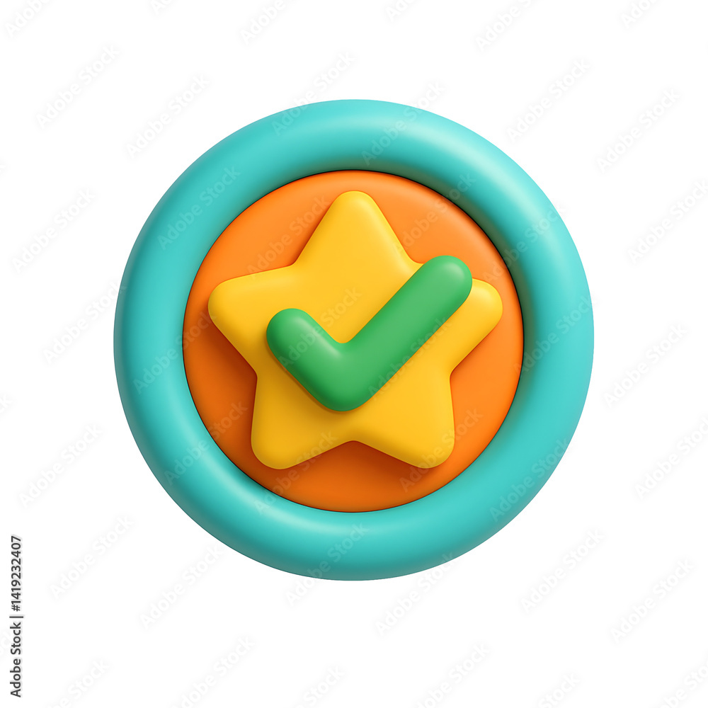 Poster 3d star icon with checkmark in center symbolizing quality, rating, trusted product, and validation w