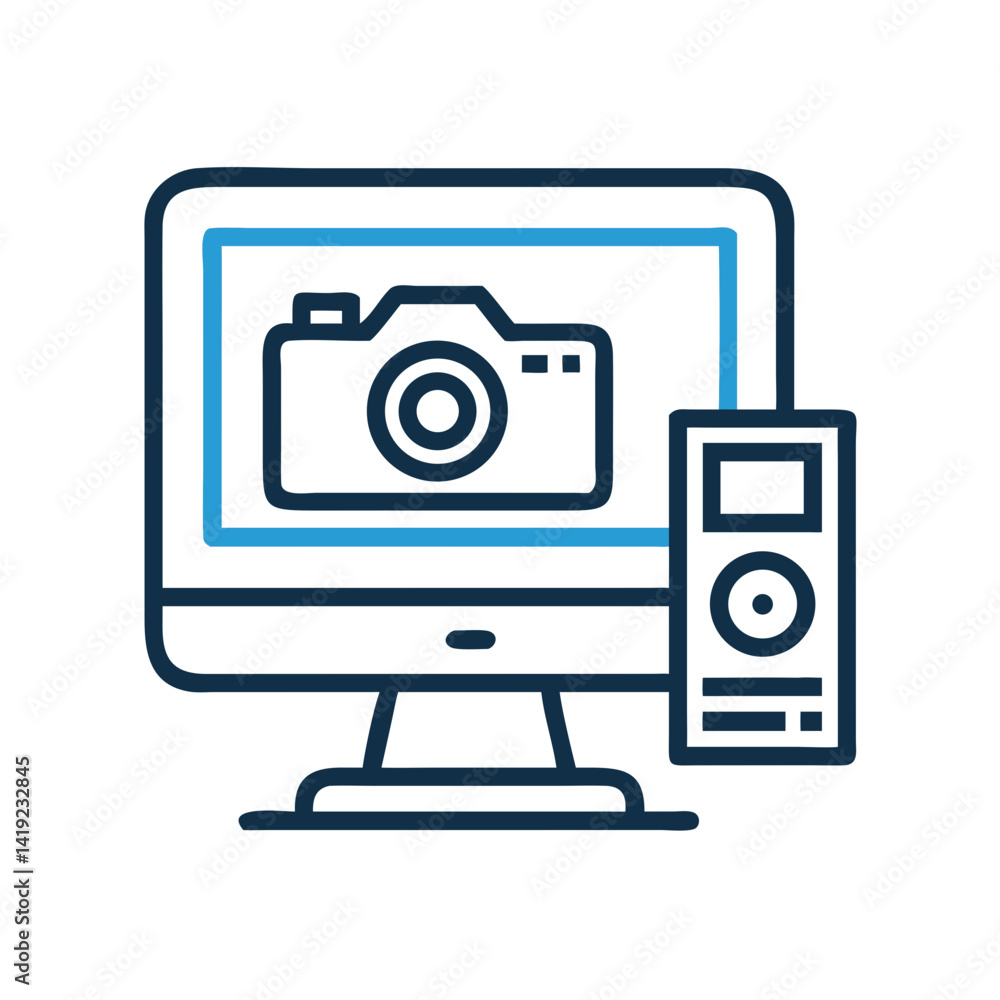 Poster Computer with Camera Icon Representing Design Work and Creative Digital Projects