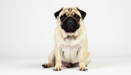 Obraz premium Adorable pug dog sits alone, white background, , expression, face