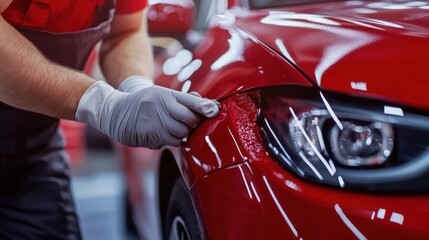 Expert application of protective film on a radiant red car surface