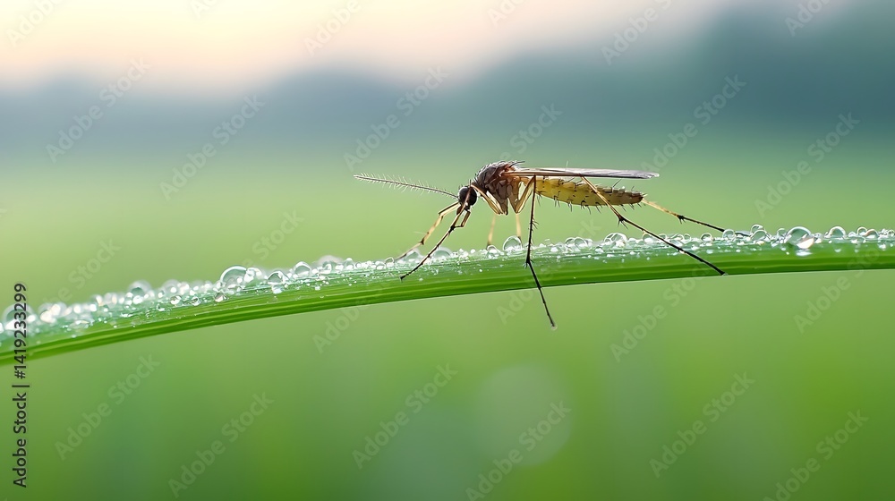 Aufkleber close up view of a mosquito resting on a dew covered blade of grass illuminated by the soft warm mor