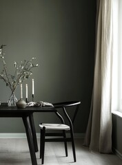 Dark green wall, black dining table, minimalist decor, simple elegance, natural light, beige linen curtains