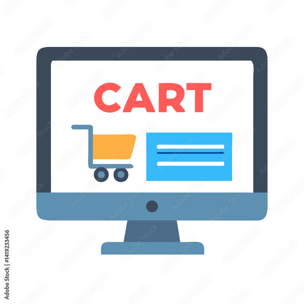 Poster desktop screen with cart icon representing online shopping and e-commerce
