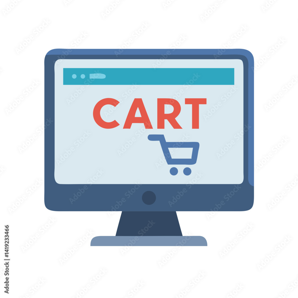 Poster desktop screen with cart icon representing online shopping and e-commerce