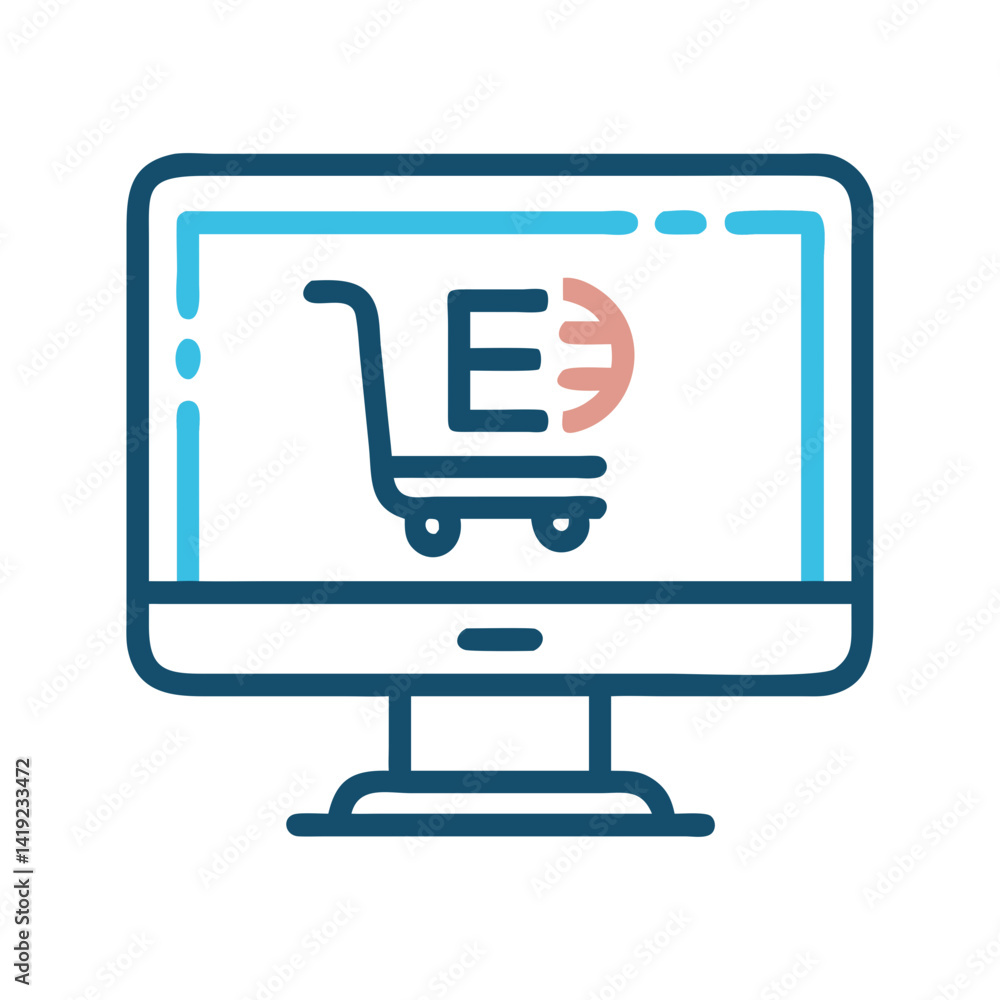 Poster desktop monitor with product icon representing online store and e-commerce product display