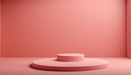 Fototapeta premium A minimalist and elegant coral-colored stage, perfect for product displays or presentations. The stage has a circular base with a smaller, elevated platform and a matching wall in the background.