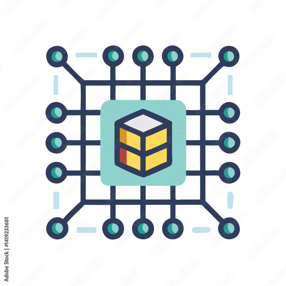 Poster digital block grid icon representing blockchain technology and data security