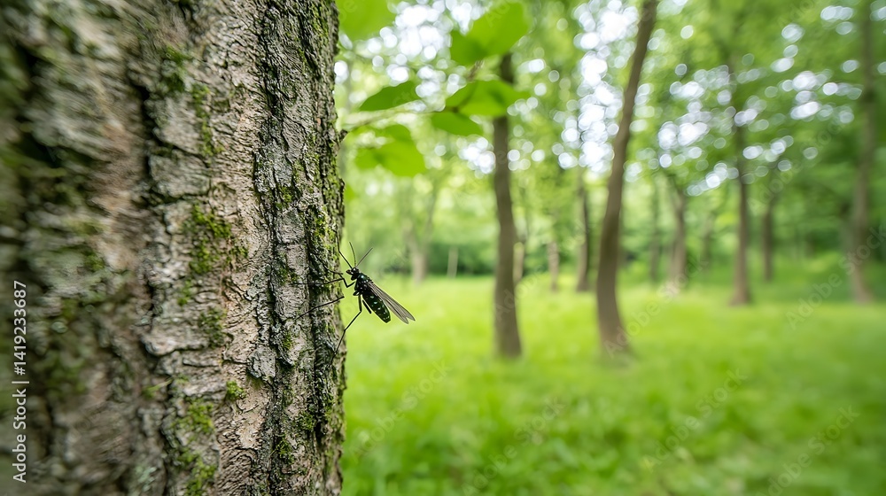 Poster close up shot of a camouflaged mosquito resting on the textured bark of a tree trunk blending seamle