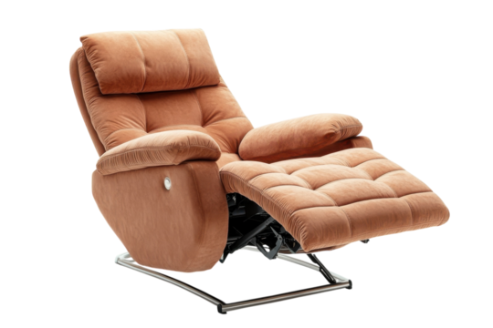 Luxurious Recliner Chair in Soft Peach Velvet Reclined Position Modern Design Metal Base on transparent background