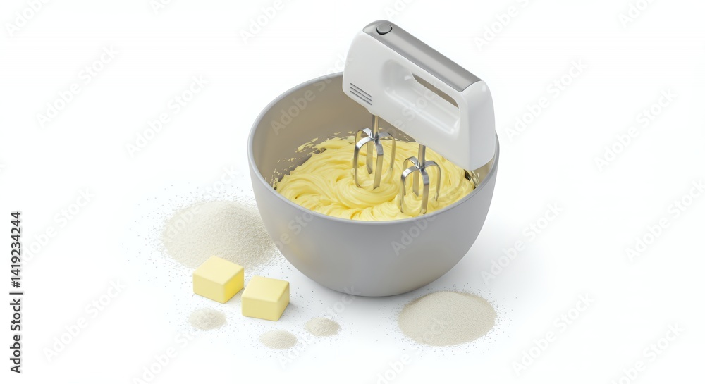 Poster creaming butter and sugar: isometric 3d rendering of baking process