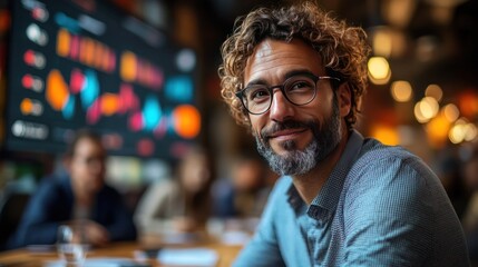 Working man happy working in data graph background