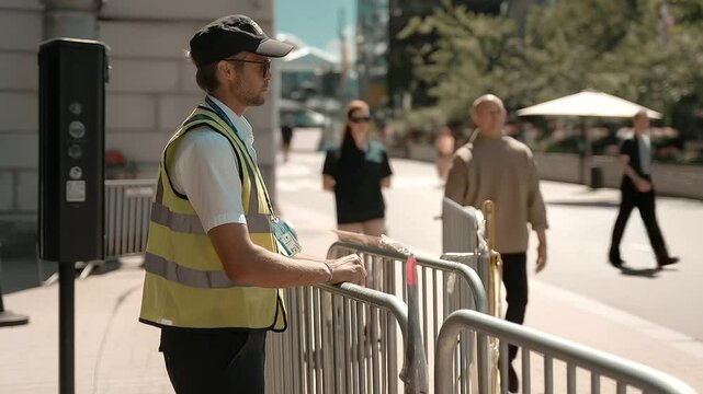 Security officer checking IDs at busy plaza checkpoint