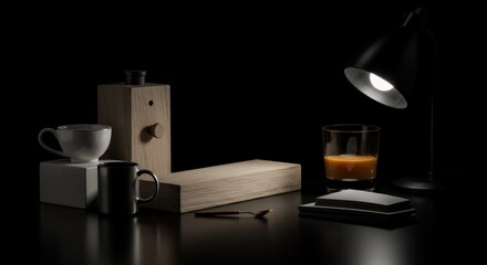Dark Studio Still Life: Metallic Mug and Teacup with Amber Liquid and Desk Lamp