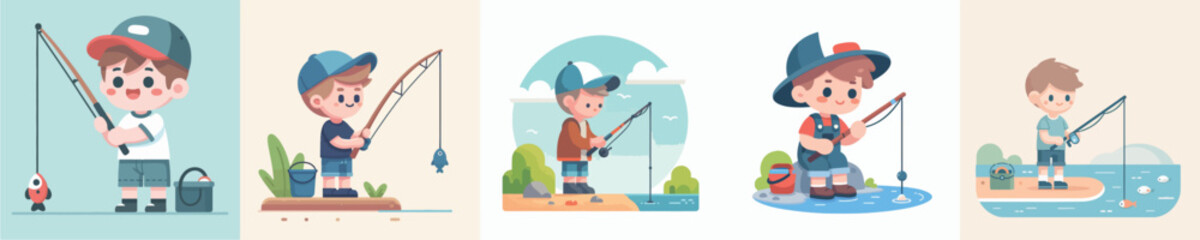 vector of little boy fishing