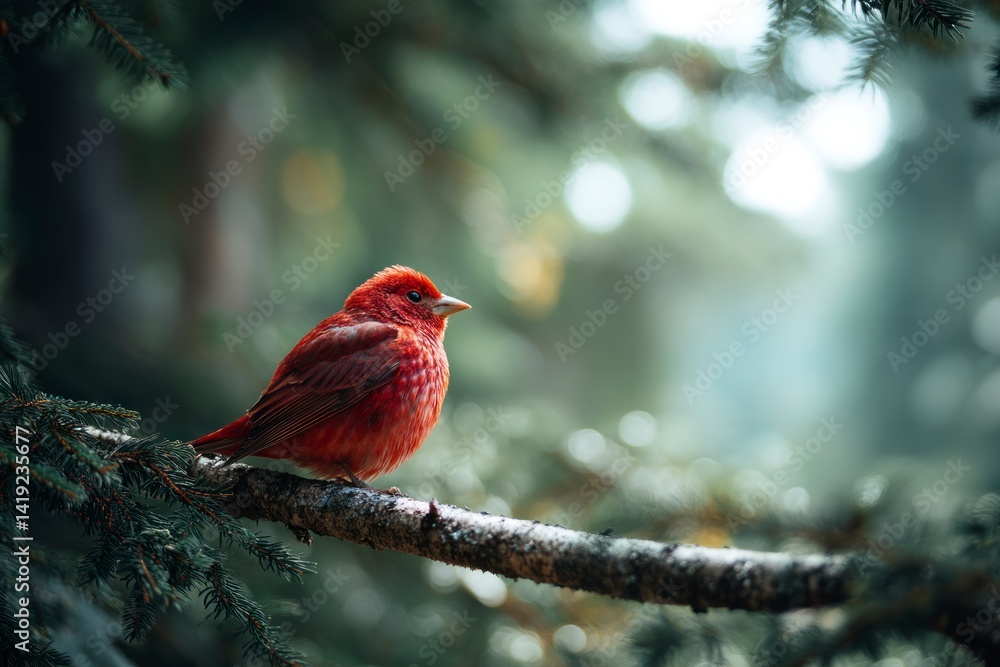 Poster red bird perched on branch in forest with soft bokeh background