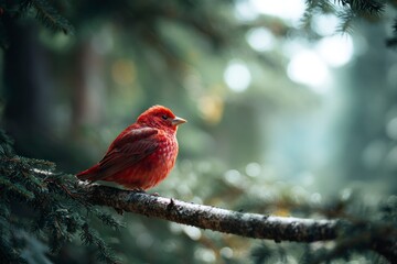 Red Bird Perched on Branch in Forest with Soft Bokeh Background